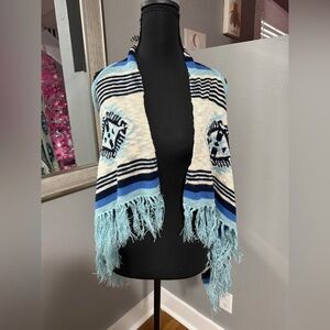 Pink Rose sleeveless blue and white Aztec print cardigan with fringe small 7/8